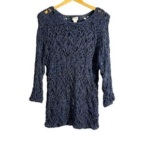 Chico’s Open Ribbon Weave Blue Tunic Sweater Size 2 Large